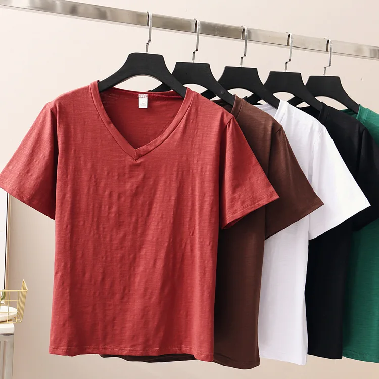 

ZXQJ V collar loose short sleeve T-shirt women's 2019 spring/summer new Korean version of pure black chicken heart collar large
