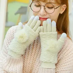 Новые съемные двухслойные зимние перчатки женские теплые помпоны меховые перчатки без пальцев перчатки вязаные шерстяные перчатки