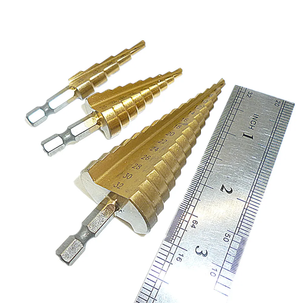 LARGE HSS STEP CONE DRILL BIT TITANIUM HOLE CUTTER HIGH SPEED STEEL SET