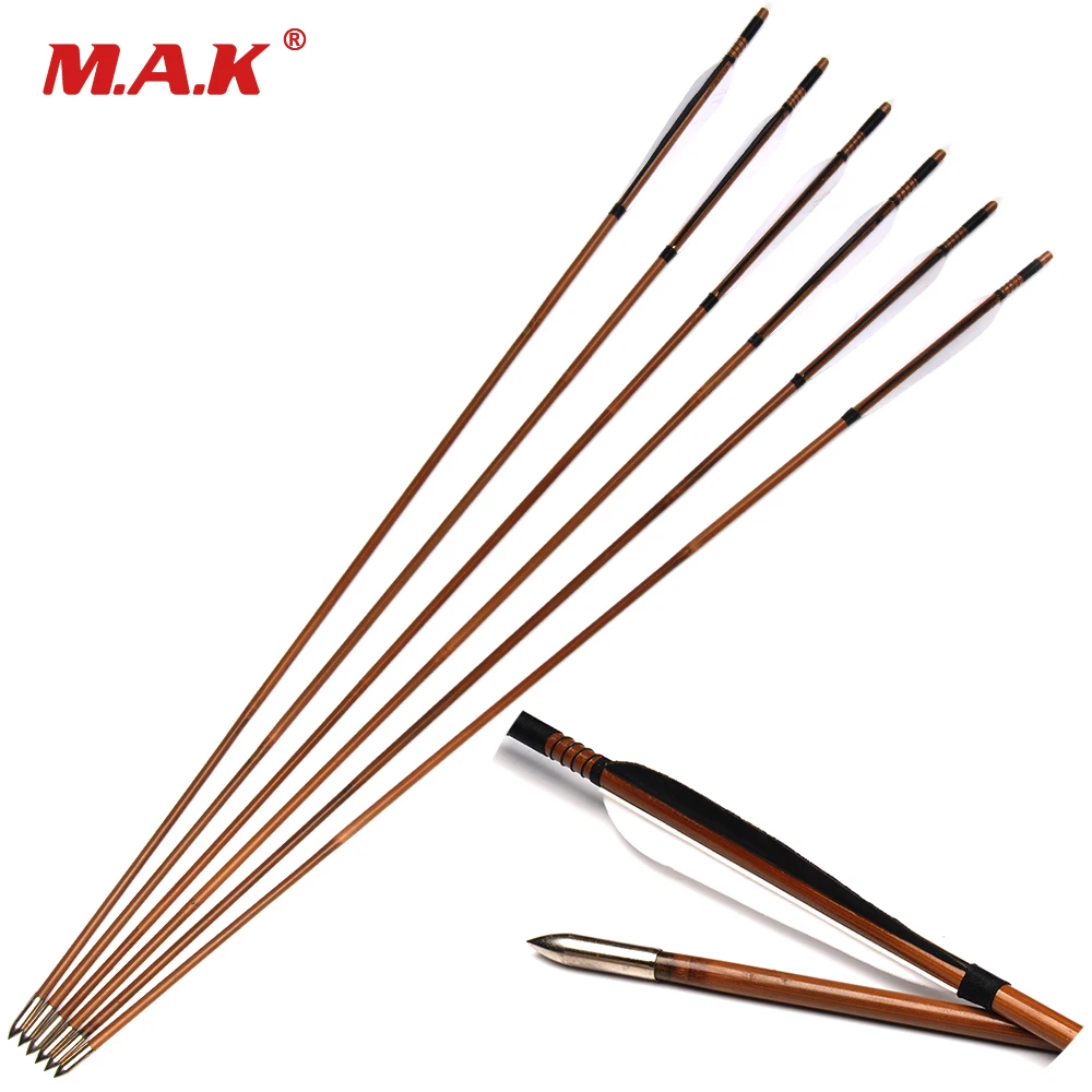 

Spine 450 6/12/24pcs Bamboo Arrows 32" Length with 2 White 1 Black Turquoise Feather OD 7.8mm for Compound Bow Hunting Archery