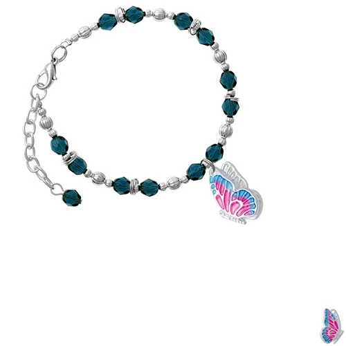 Silvertone Large Translucent Hot Pink & Blue Flying Butterfly Navy Blue Beaded Bracelet