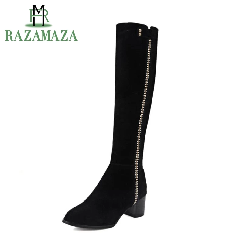 

RAZAMAZA Size 32-43 Winter Shoes Women Thick High Heel Knee High Winter Boots For Women Glitter Zip Sexy Pointed Toe Warm Botas