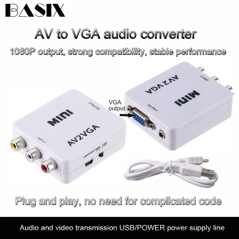 

Basix AV To Vga HD AV2VGA Video Converter Box AV RCA CVBS to VGA Video Converter Adapter with 3.5mm Audio to PC HDTV Converter