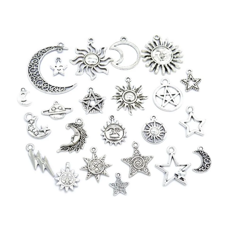

23pcs/lot Mixed Antique Silver Charms Moon &Sun and Star Tibetan Pendant Making DIY Jewelry Bracelet Necklace Earring Jewelry