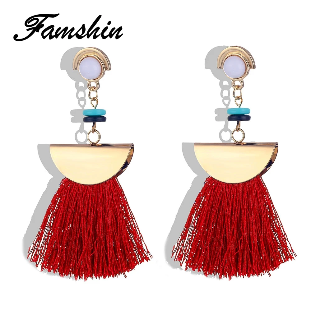 

FAMSHIN Bohemia Statement Tassel Earrings Gold Color Semicircle Drop Earrings for Women Wedding Long Tassel Earrings Jewelry Gif