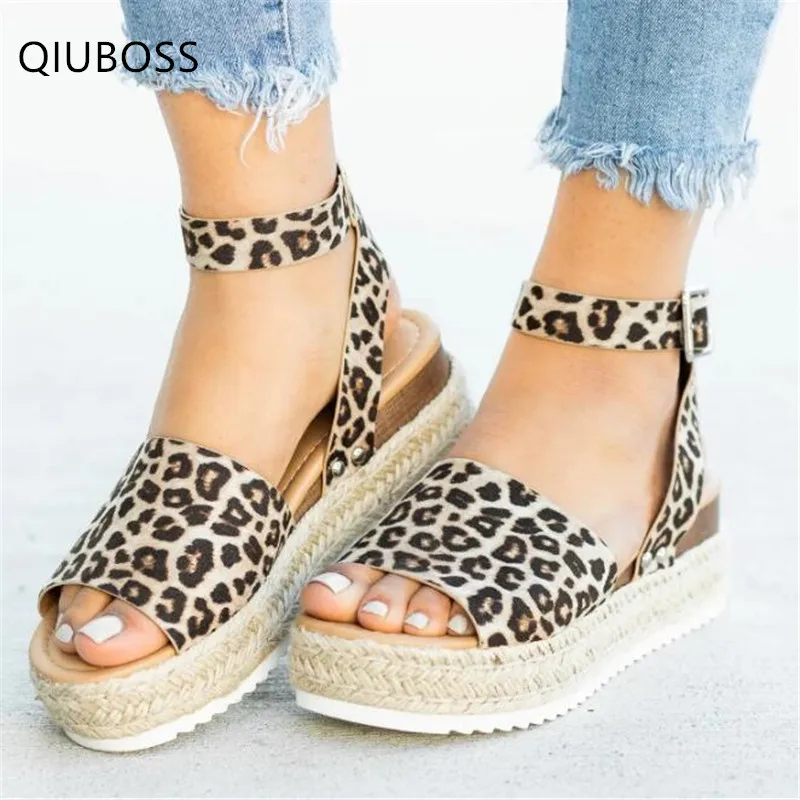 

QIUBOSS New Platform Women Sandals 2019 For Women Heels pumps Summer Leopard wedge heel Hemp rope weaving women's shoes Q860