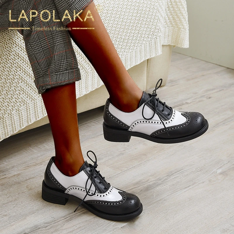 

Lapolaka Hot Sale Dropship Large Size 34-40 Cow Leather Square Heels Lace Up Pumps Woman Shoes Women Office Pumps Female