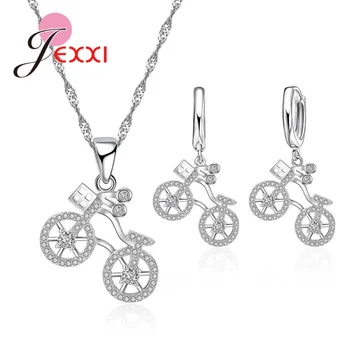 

1 Set 925 Silver Bicycle Fashion Jewelry Sets Women White Cubic Zirconia Pendant Necklace Earrings Set Party Jewelry