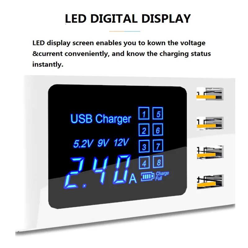 Universal Multi USB Charging Station AC Socket LED Display Mobile Phone Tablet Power Adapter Smart Charger UK EU US Plug 8 Port