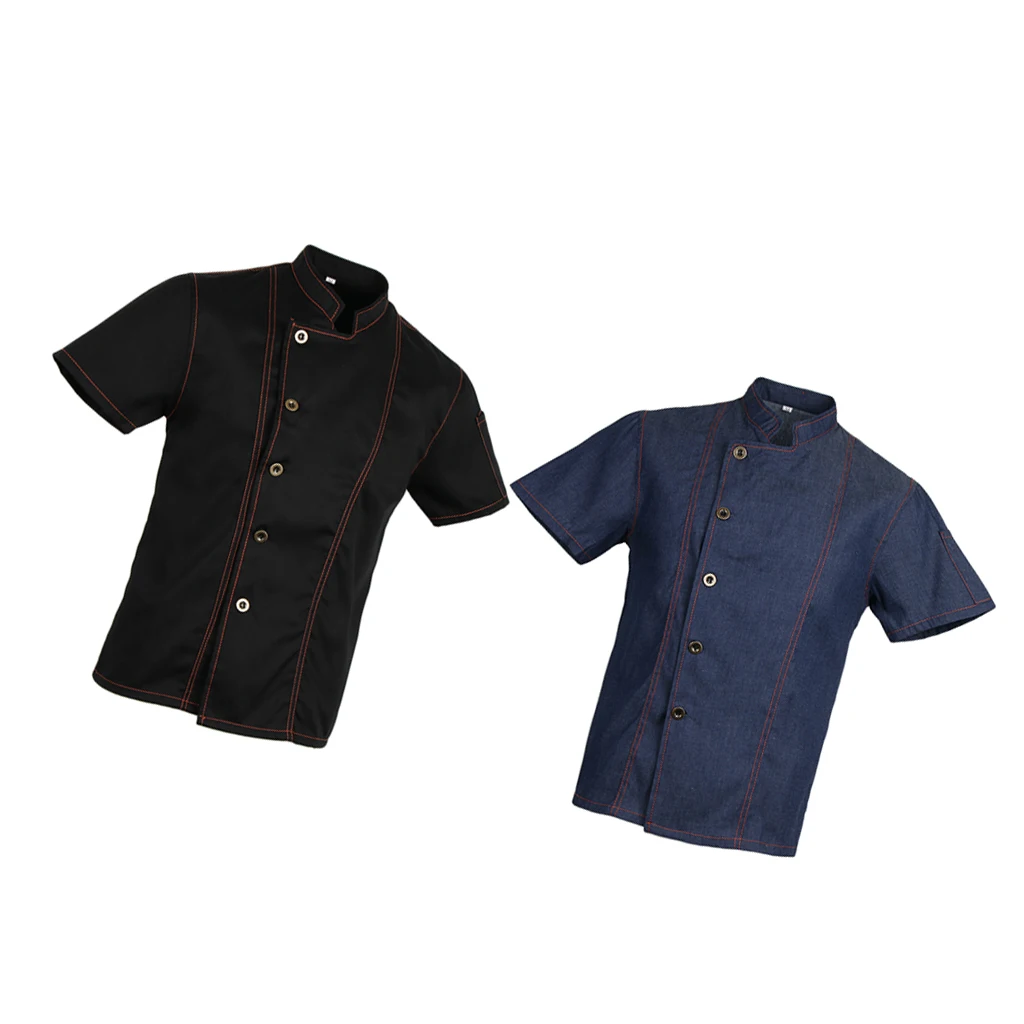 2 Pieces Denim Chef Jacket Coat Short Sleeves Kitchen Uniform Simple and professional tunic design Blue/Black M 