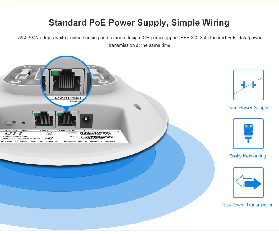 UTT WA2200N 300 Мбит/с беспроводной внутренний AP 2,4 ГГц Wifi точка доступа AC роутеры расширитель усилитель сигнала, потолочное крепление GB AP