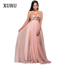 XURU 2019 весеннее Новое Женское платье с пайетками модное сексуальное Сетчатое платье с пайетками на бретельках с открытой спиной розовое