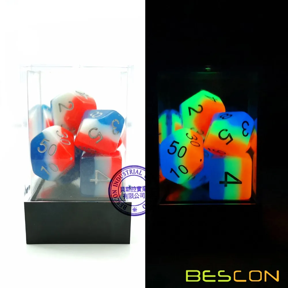 Bescon Glowing Polyhedral Dice 7pcs Set FRENCH KISS, Luminous RPG Dice Glow in Dark, DND Role Playing Game Dice 6