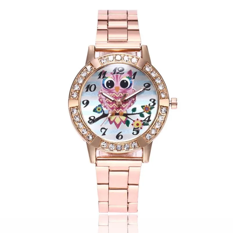 Cute Owl Dial Watches Women Fashion Stainless Steel Band Analog Quartz