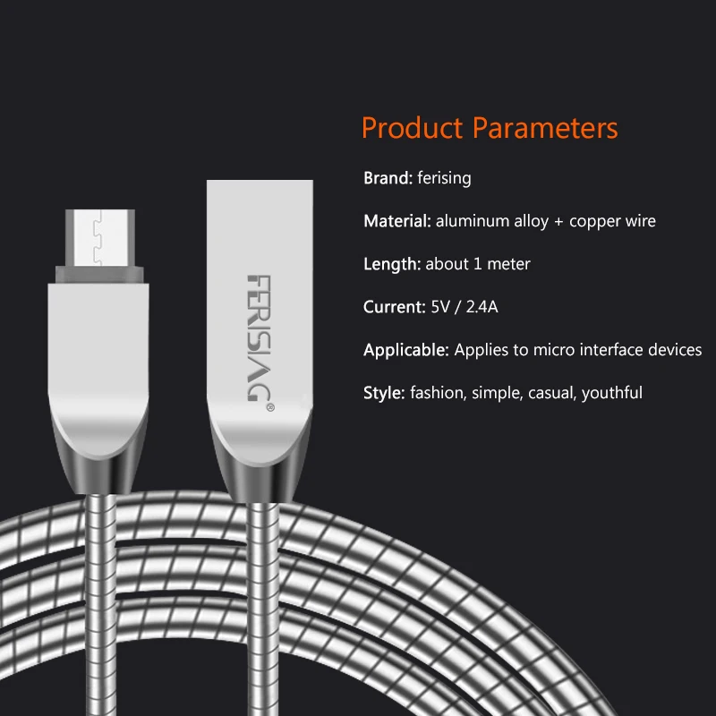 FERISING 2.4A пружинный Металлический Micro USB кабель 1 м Micro USB кабель для передачи данных Универсальный Android телефон зарядное устройство кабель для samsung, Xiaomi, htc