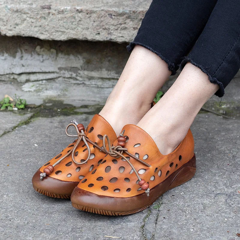 

Retro Womens Leather Shoes 2019 Spring Summer Round Toe Hollowed Women Loafers Casual Shoe Flats Thick Bottom