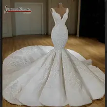 Vestido de casamento de sereia, vestido de casamento com trem longo 2019
