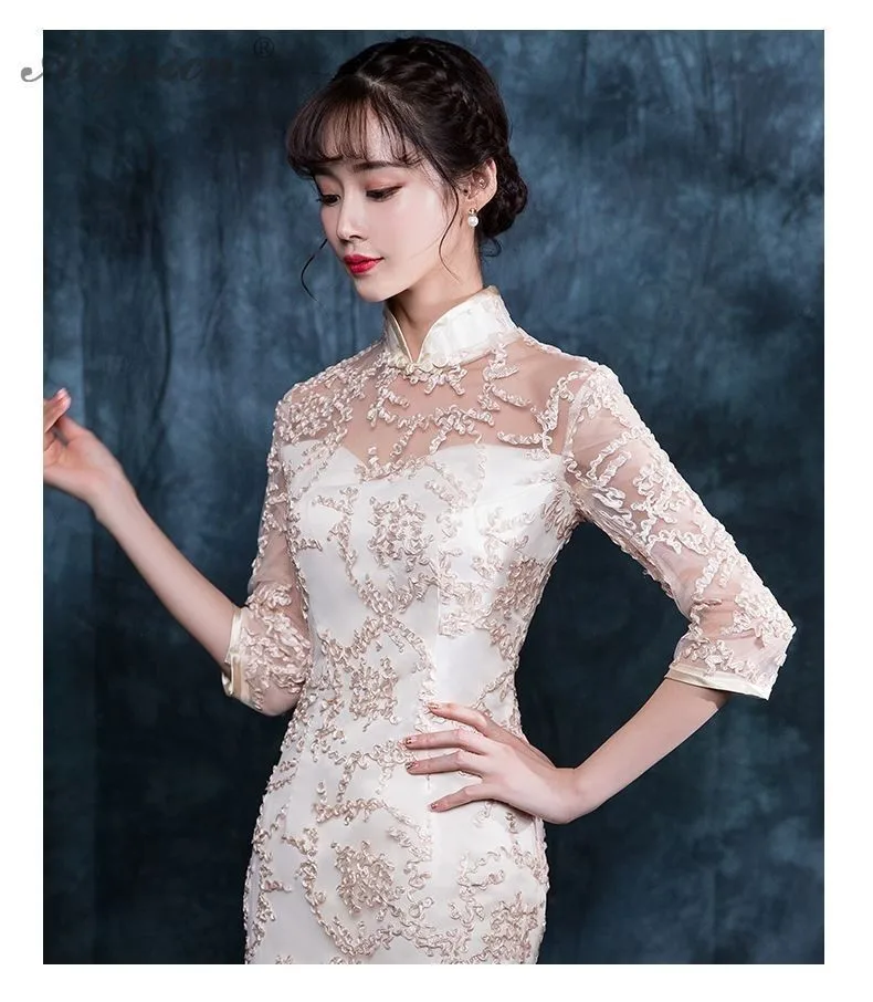 Moda encaje Cheongsam модерано Китай чаман Qi Pao mujeres chino vestido de noche Qipao Восточный estilo sirena vestido tnunica