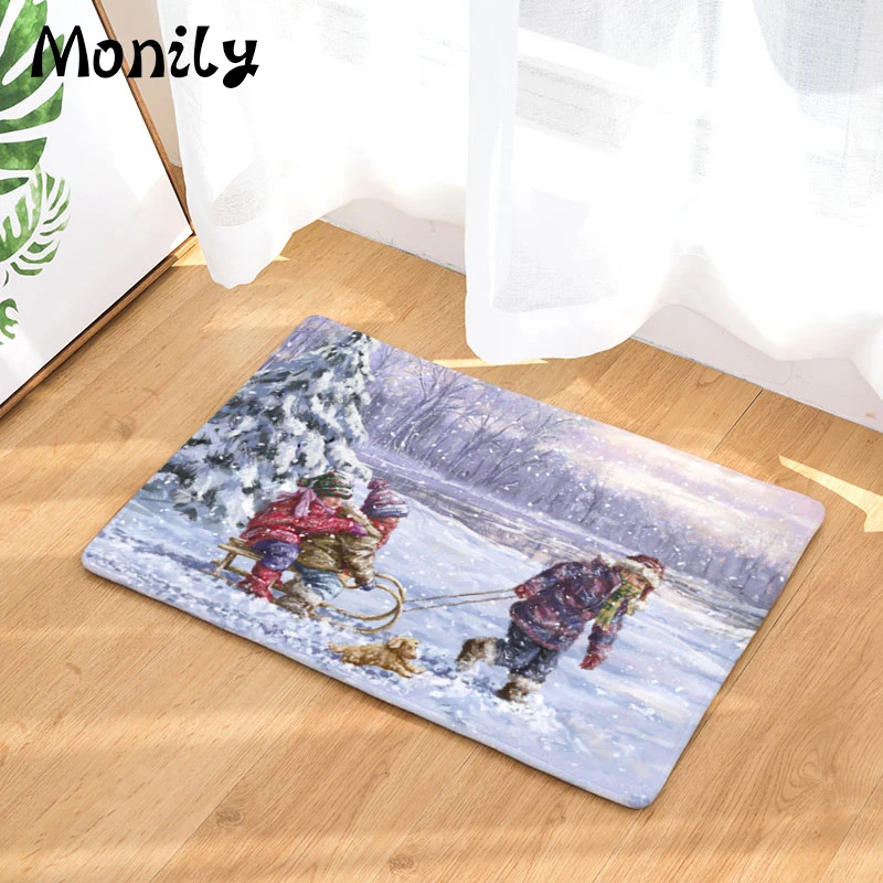 

Monily Christmas Cartoon Waterproof Anti-Slip Doormat Kids Playing Snow Bedroom Rugs Decorative Stair Mats Home Decor Crafts