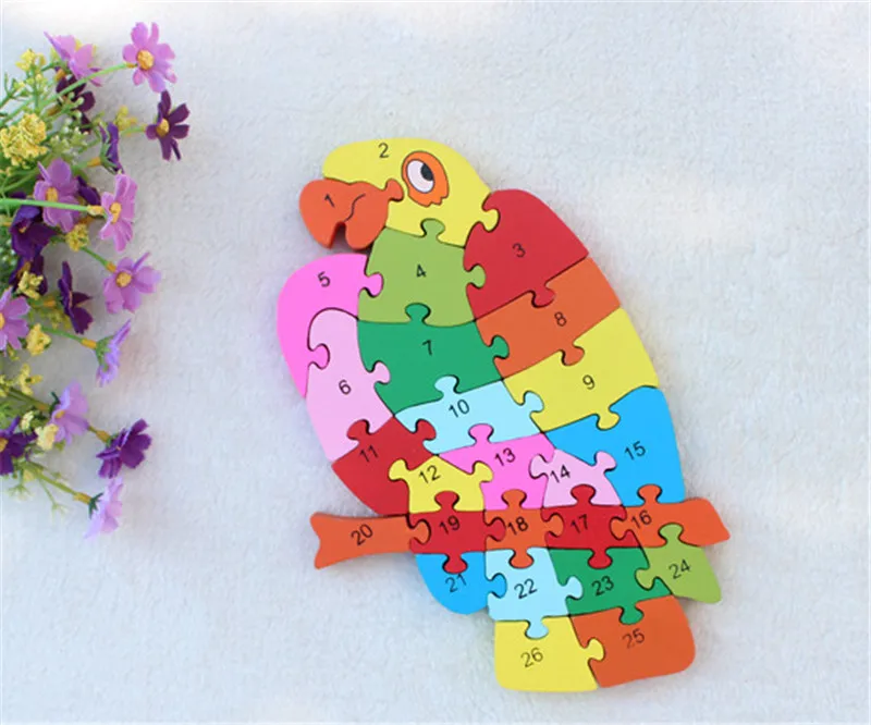 New wooden toy Animal Parrot  26 piece English letters and digital cognitive Wooden Jigsaw Puzzle Free shipping