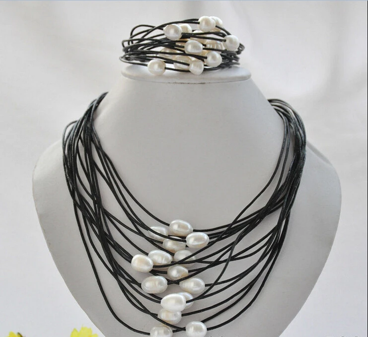 

z7030 15Strds 13mm WHITE rice pearl BLACK leather necklace & bracelet new