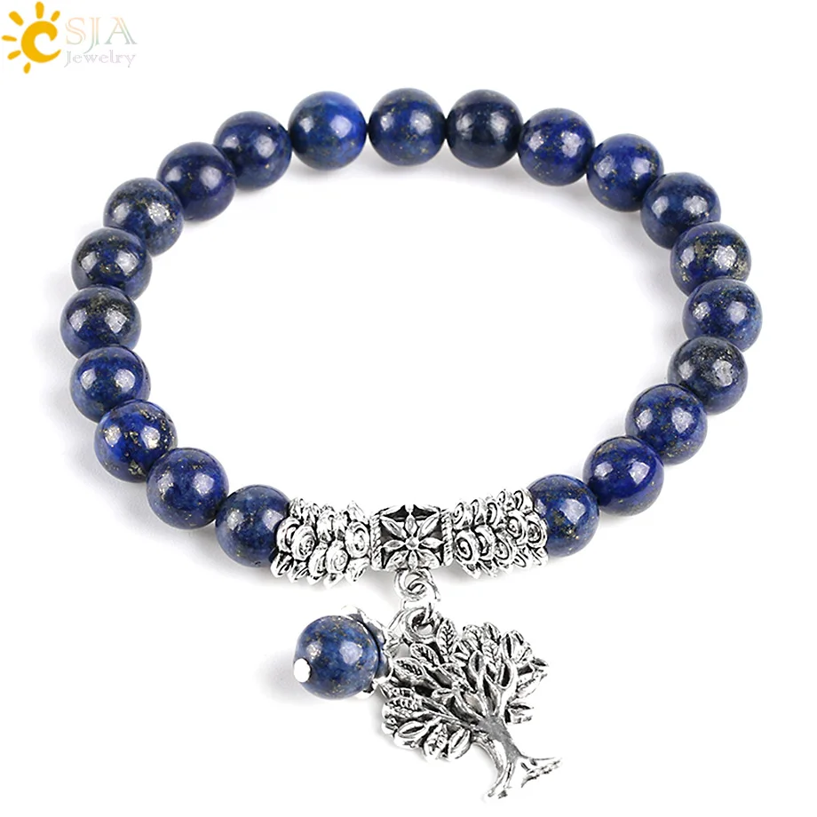 

CSJA Chakra Natural Stone Lapis Lazuli Bracelets Mala Prayer Yoga Beads Reiki Healing Meditation Tree of Life Energy Bangle E747