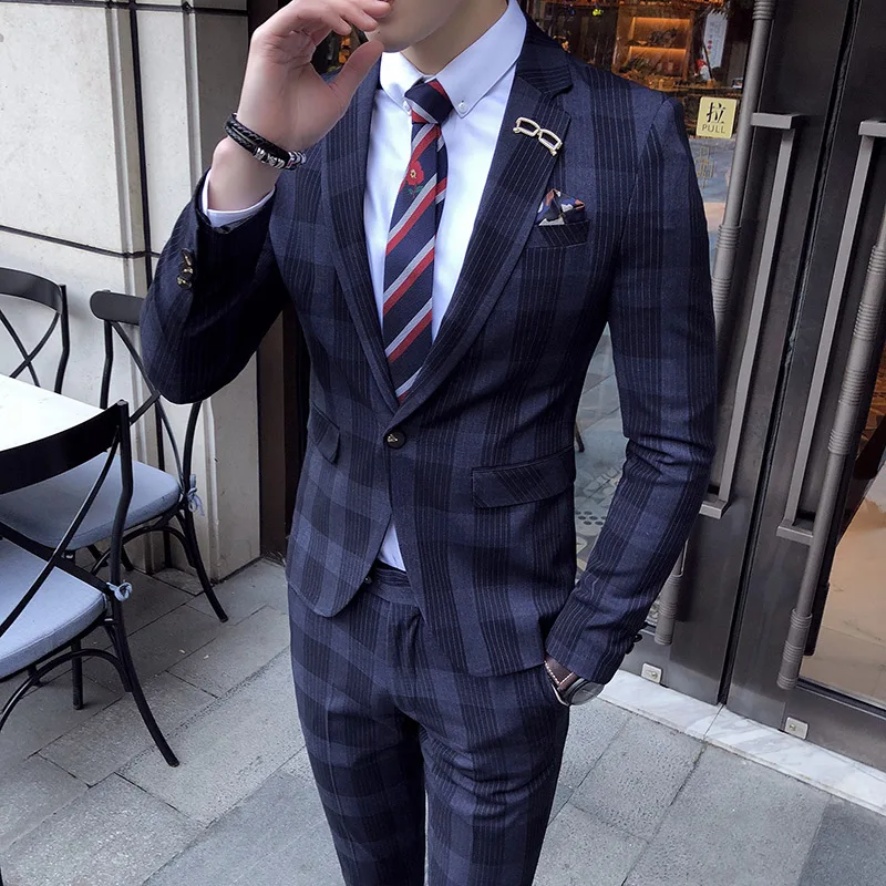 

Teen Mens Dress Two-Piece Slim Design Stripe Blazer & Pants Asian Size S M L XL XXL XXXL Terno Masculino