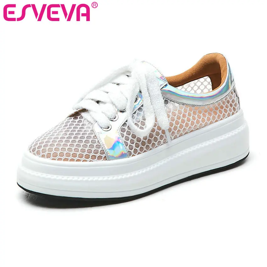 

ESVEVA 2019 Women Pumps PU Leather+Mesh Wedge Med Heel Round Toed Lace Up Breathable Platform Elegant Ladies Shoes Size 34-43