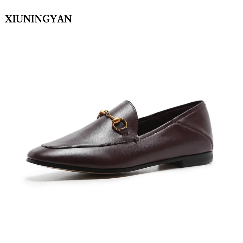 

XIUNINGYAN 2019 Fashion Women Casual Flats Shoes Genuine Leather Flats Loafers Shoes Woman Slip on Boat Ladies Buckles Flats