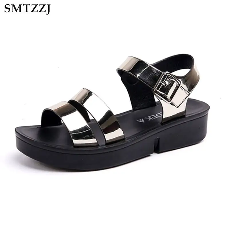 

SMTZZJ Designer Korean 2019 PU Leather Women sandals Platform thick Sole Sandals Open Peep toe Shoes Lady Casual buckle Sandals