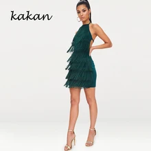 Kakan summer new women's dress sexy halter straps fringed wavy strap dress black dark green dress fringed spaghetti straps womens dress