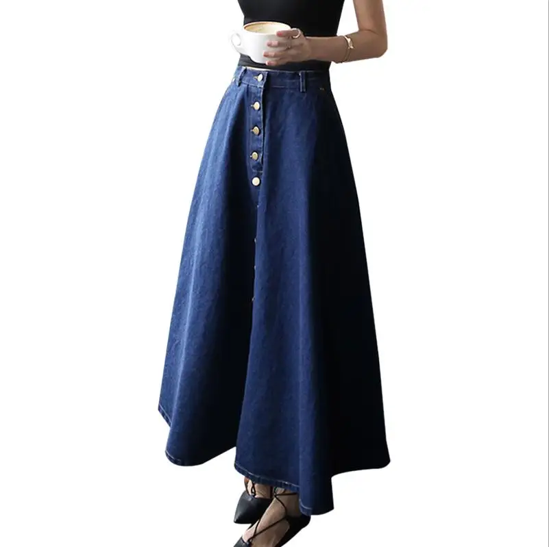 Новая модная одежда, Корейская джинсовая юбка PreppyStyle, Женская однотонная длинная юбка с высокой талией, Женская Повседневная винтажная джинсовая юбка на пуговицах - Цвет: dark blue