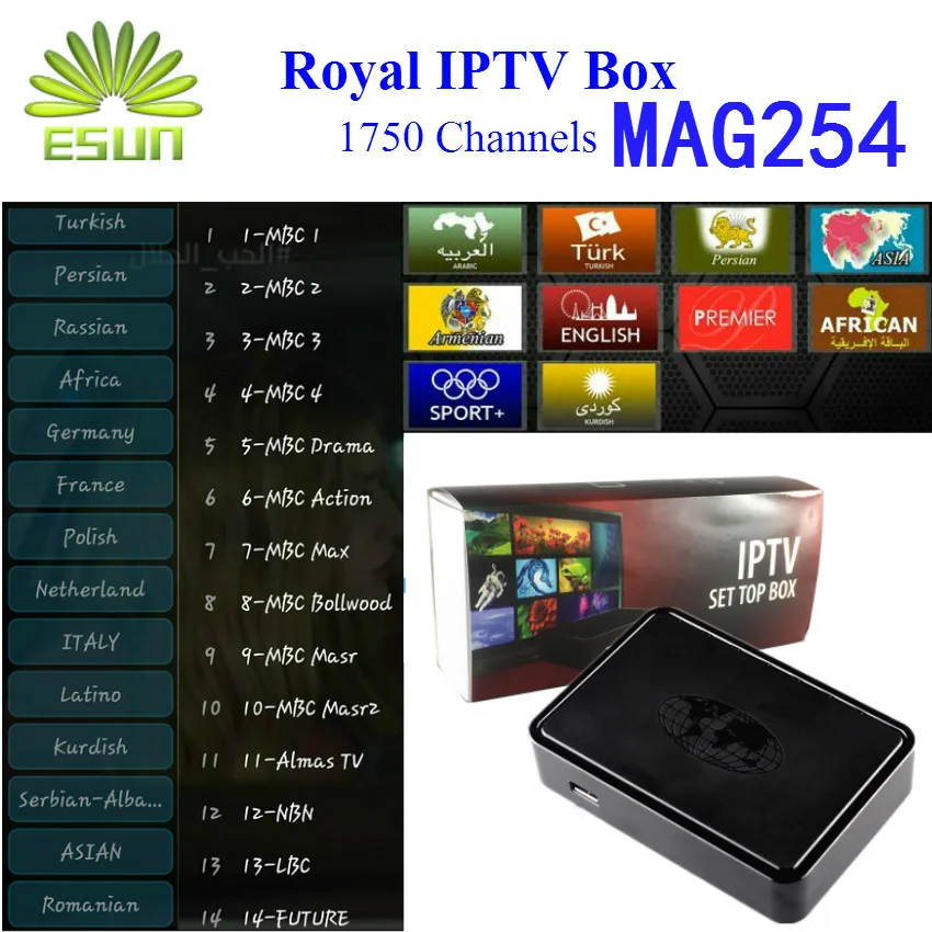

MAG254 Royal IPTV Box With 1 Year RoyalTV/ESUNTV/LuckyTV Configured Arabic Europe IPTV Linux System 2.6.23 STiH207 Set top box
