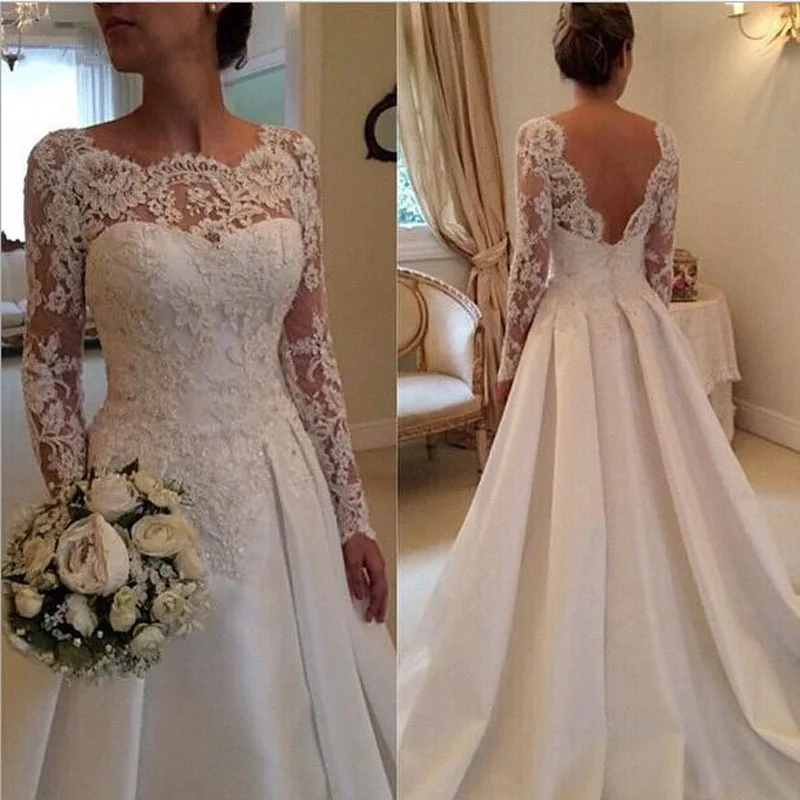 

2019 Elegent Lace Wedding Dresses Backless Scoop Vestido de Noiva Satin Long Sleeve Wedding Gown Bridal Dress Robe De Mariee