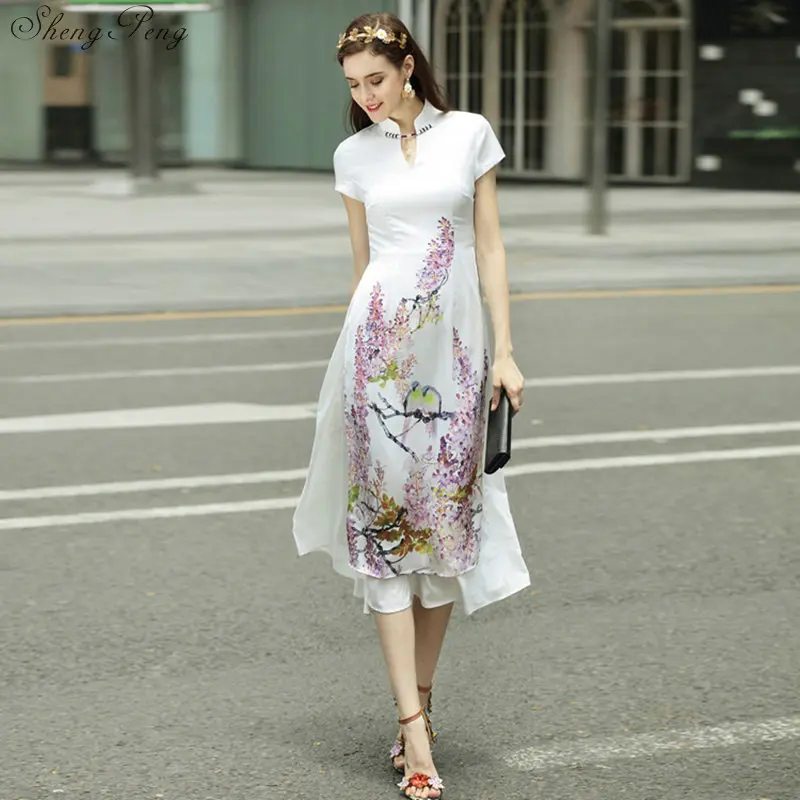 summer vietnam aodai chinese traditional dress qipao long chinese cheongsam dress robe chinoise modern cheongsam Q303