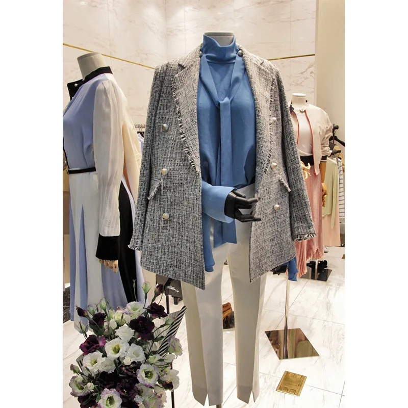 Spring  Autumn New Korean Version Small Fragrance Wind Coat Stripes Classic Double-breasted Long Female Small Women's Blazers