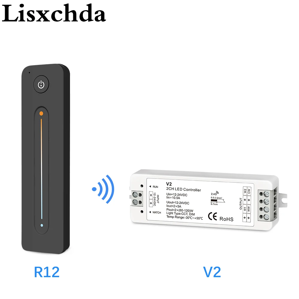 

LED Dimmer CCT Switch 12V 24V 10A 2CH 2.4G WW CW Dual Color LED Strip Light RF Wireless Remote 12 Volt Controller
