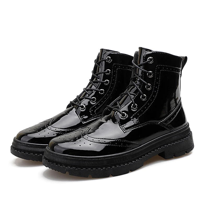 

italian design men's breathable soft bright patent leather brogue shoes platform carving bullock oxfords shoe ankle boots sapato