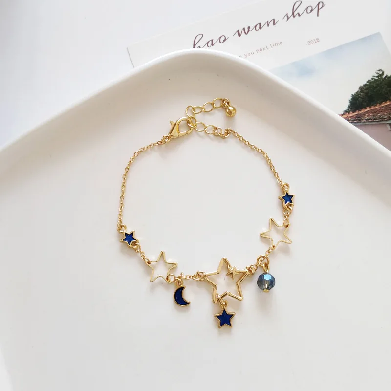 Корейская мода милые звезды луна браслеты для женщин Kawaii звездное небо ювелирные изделия Элегантный дикий медный браслет - Окраска металла: Blue