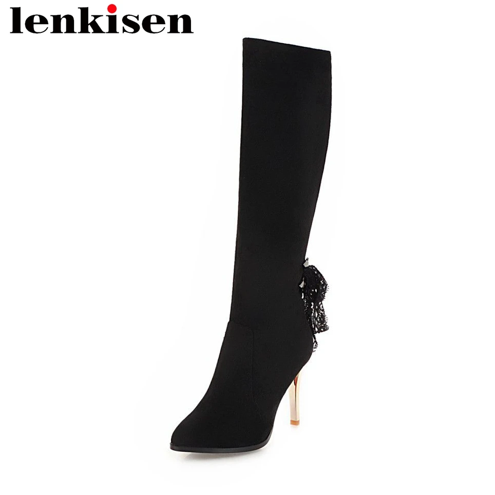 

Lenkisen knee-high boots pointed toe zip flock thin super high heels solid bowtie big size mature women simple style shoes Lcf5