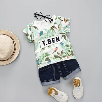 

2019 New Summer Baby Boys Girls Short Sleeve Floral Print T-shirt Tops+Denim Shorts Suits Casual Outfits Sets