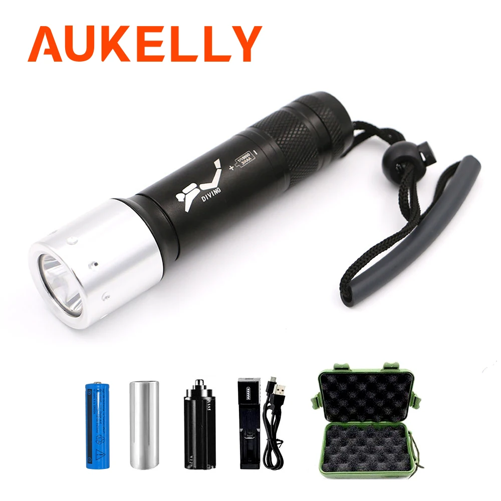 

Aukelly Professional Waterproof LED Diving Flashlight 6000 Lumens T6 Aluminum Diving Torch Flash Light Lantern Underwater Lamp
