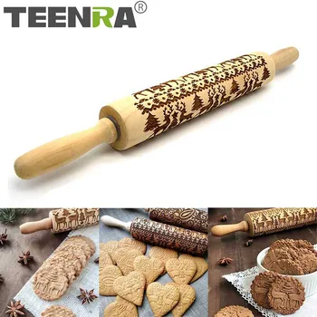 

TEENRA Christmas Embossing Rolling Pin Wooden Rolling Pin Fondant Cake Dough Roller Christmas Engraved Rolling Pin Cake Tools