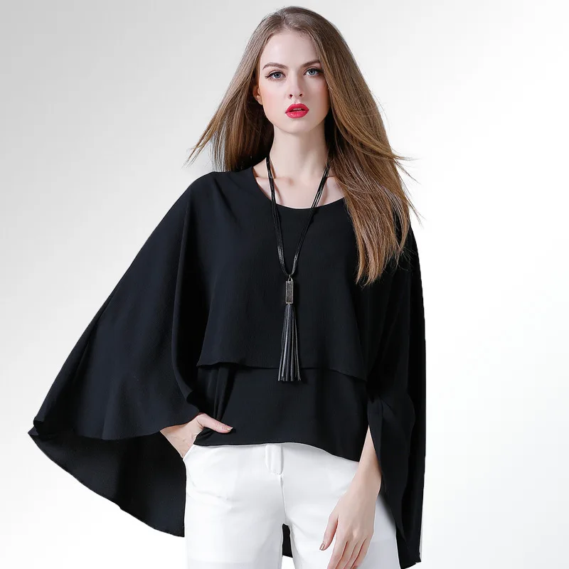

Cape Style Layered Chiffon Top Women Asymmetrical Summer Shirts Blouses Solid