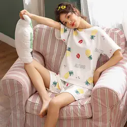 С круглым вырезом с принтом Топ и бантом спереди шорты пижамный комплект 2019 г. новые женские короткий рукав Повседневное пижамный комплект