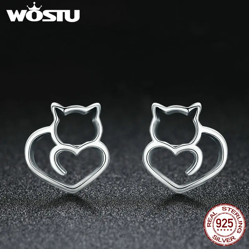 Женские серьги пусеты WOSTU из серебра 925 пробы с милым котом модные Оригинальные