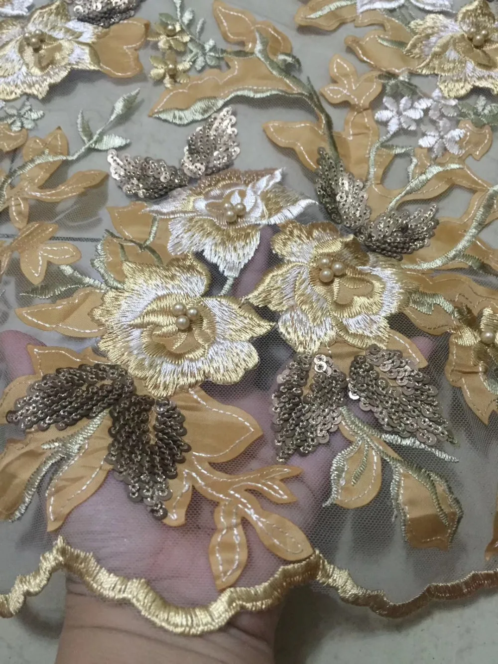 

New arrival gold color french net lace fabric with flower design for wedding dress in lace material With beads and sequins