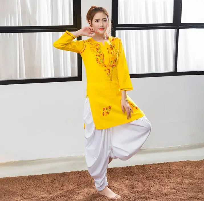 

India Traditional Woman Yoga Costume Pants Cotton Handmade Embroidery Top Thin Short Styles Yellow Top