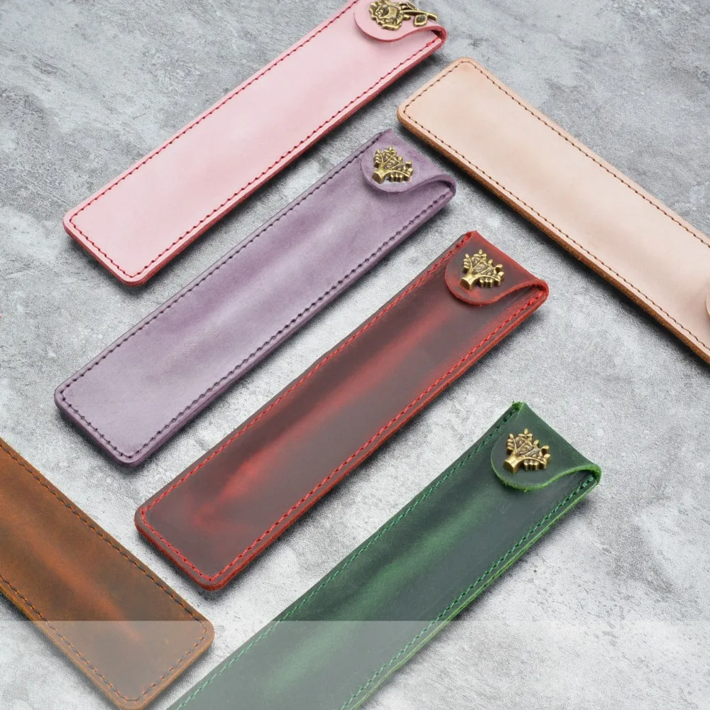 

4 Color Genuine leather Pen Pouch Holder Single Pencil Bag Pen Case With Rope For Rollerball /Fountain/Ballpoint Pen