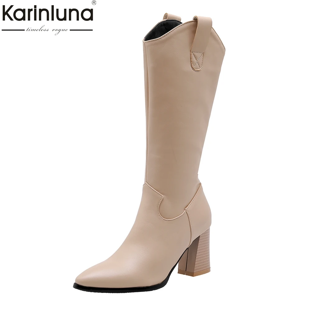 

Women's Big Size 32-48 Chunky High Heels Mid Calf Boots Women Shoes Woman Add Fur Warm Winter Shoes western Boots